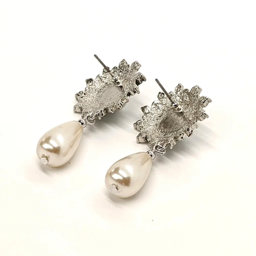 ERWIN PEARL Vintage Rhinestone Sunburst Faux Pearl Teardrop Drop Earrings - Picture 5 of 6